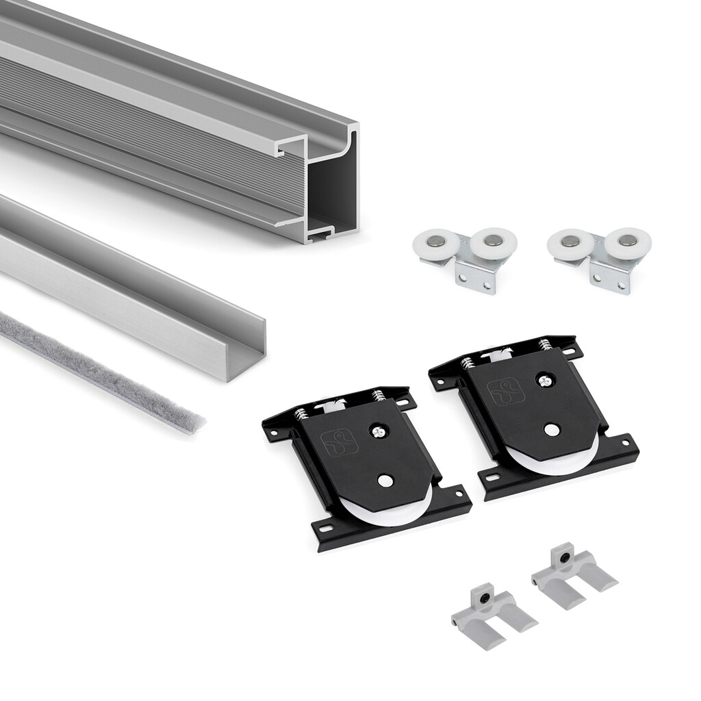Set di maniglie Sharp con guide inferiori per una porta scorrevole, per pannelli di spessore 16 mm, lunghezza 2,7 m, Alluminio, Anodizzato opaco-Primary