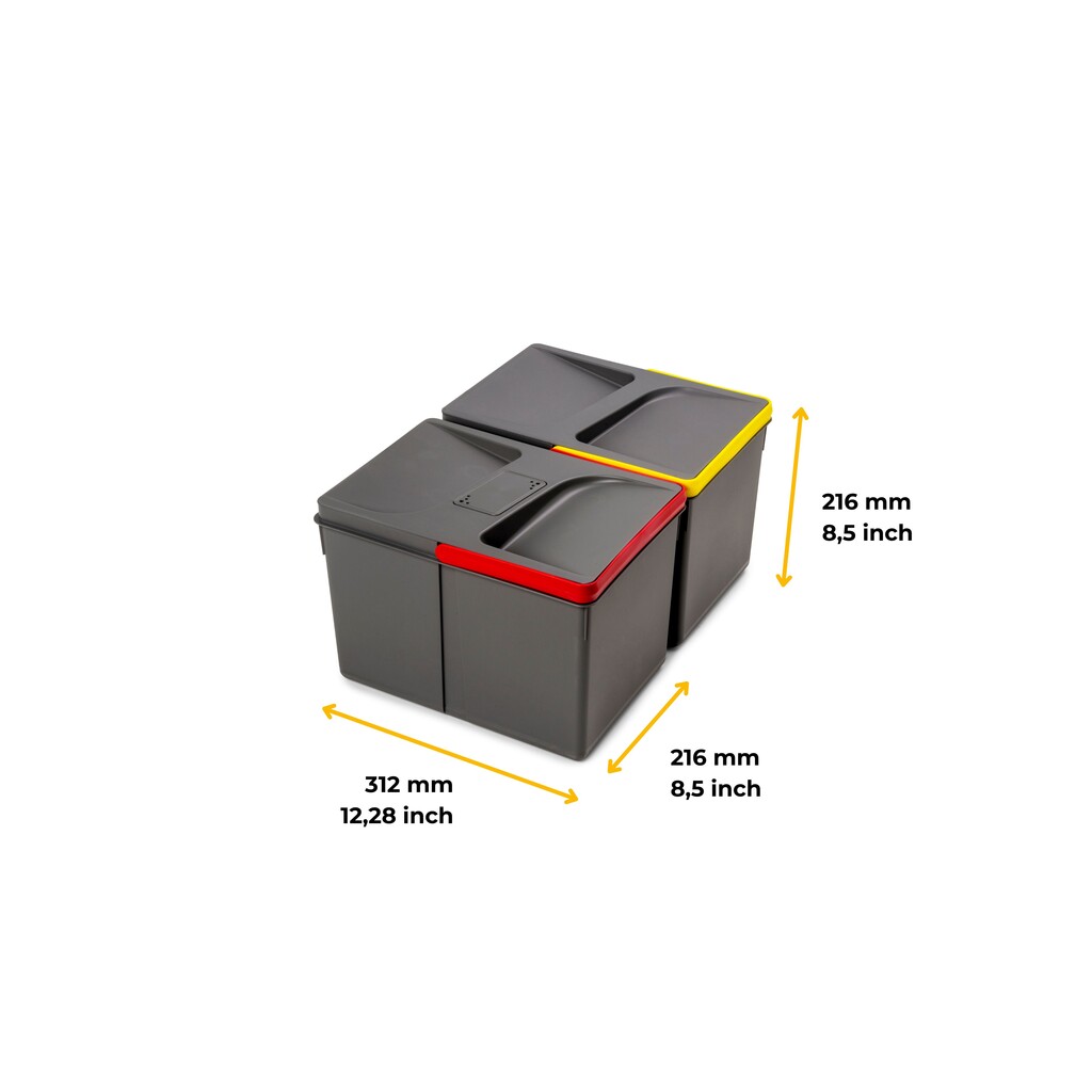 Poubelles pour tiroir de cuisine Recycle avec couvercle anti-odeurs, Hauteur 216mm, 2x12litres, Plastique gris anthracite-2