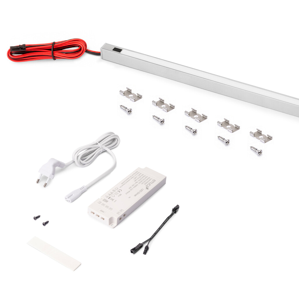Kit de luminaire LED de surface Pyxis pour cuisine, Longueur 2.9m, Blanc naturel 4.000K, Capteur switch de proximité, convertisseur Smart 30W (24V DC), Aluminium et Plastique, Anodisé mat-Primary