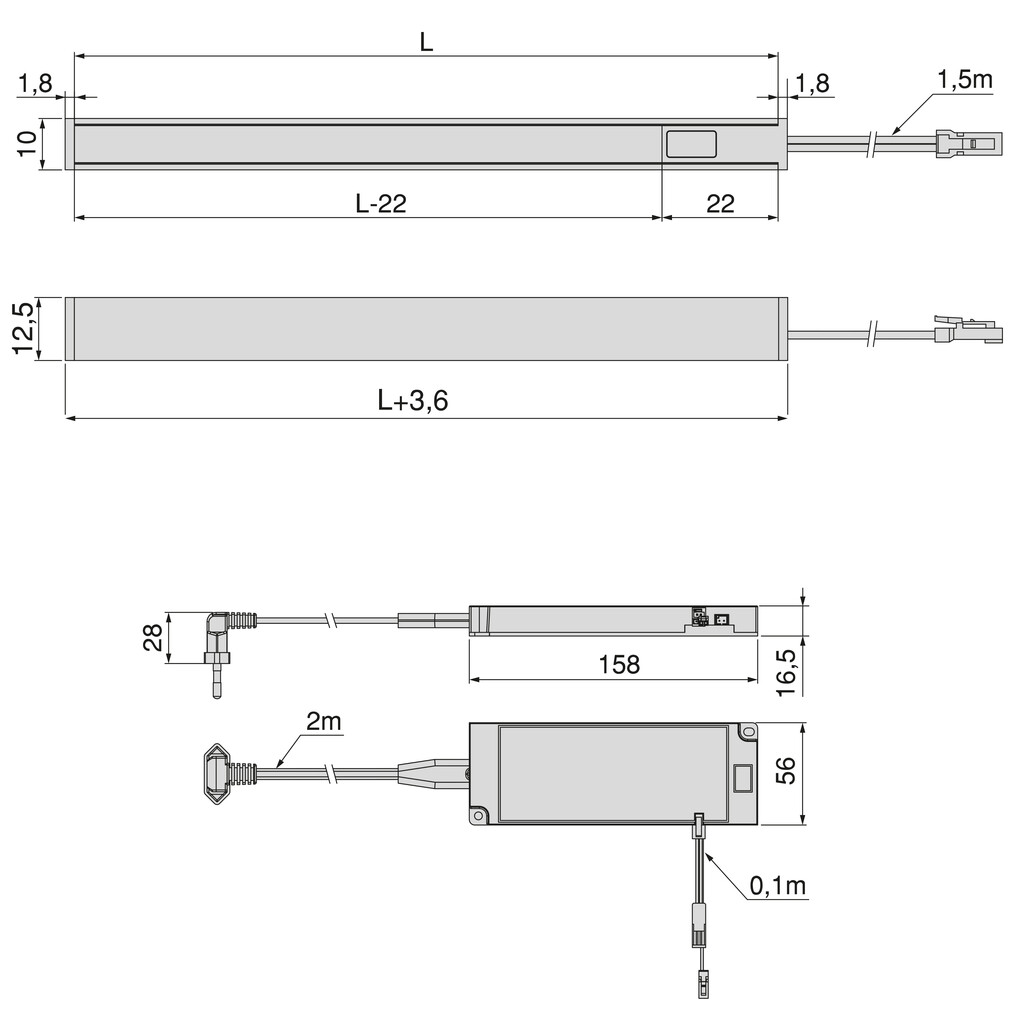 Kit de luminaire LED de surface Pyxis pour cuisine, Longueur 2.9m, Blanc naturel 4.000K, Capteur switch de proximité, convertisseur Smart 30W (24V DC), Aluminium et Plastique, Anodisé mat-1