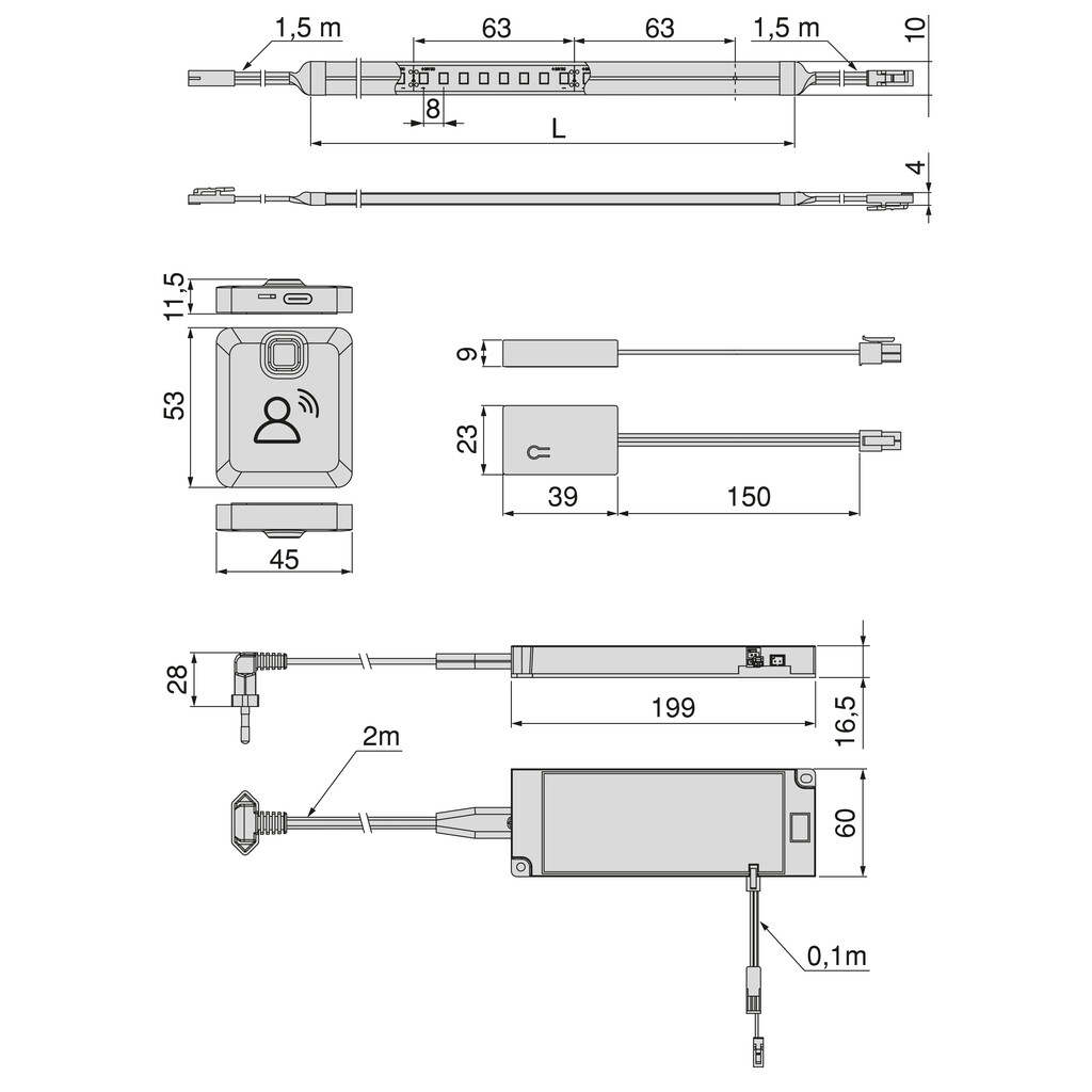 Kit with Neonlynx V 4x10 LED strip kit for wardrobes, Length 5.000mm, Warm White light 2.700K, RF Smart motion sensor, Smart converter 60W (24V DC), Plastic-1