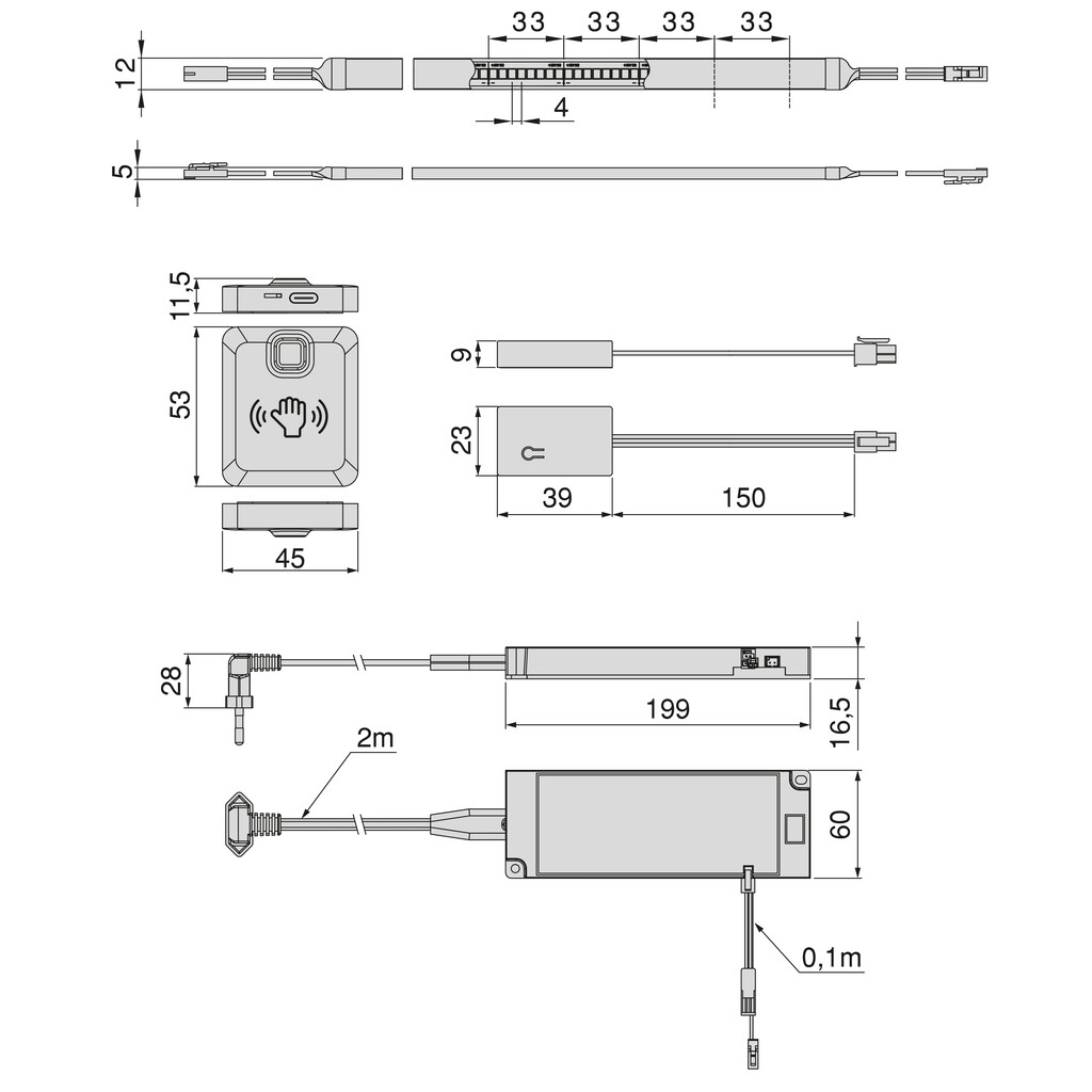 Kit de ruban LED 12x5 Neonlynx H pour cuisine, Longueur 5.000mm, Lumière blanche naturelle 4.000K, Capteur switch de proximité RF Smart, Convertisseur Smart 60W (24V DC), Plastique-1