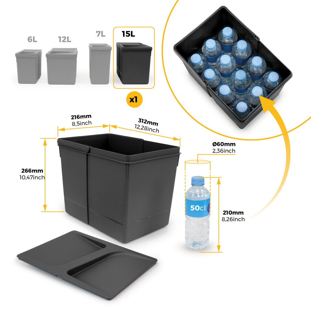 Recycle bin for kitchen drawer Recycle height 266mm, 1x15litres, Plastic, Black-5