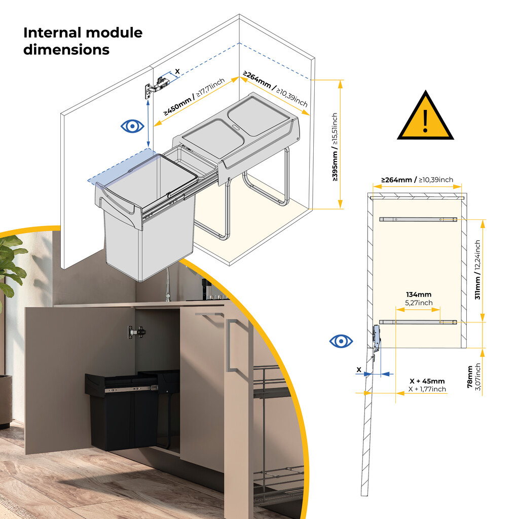 Recycling bin for lower mounting and manual pull-out in kitchen unit Recycle 1x20 litres, Plastic, Black-5