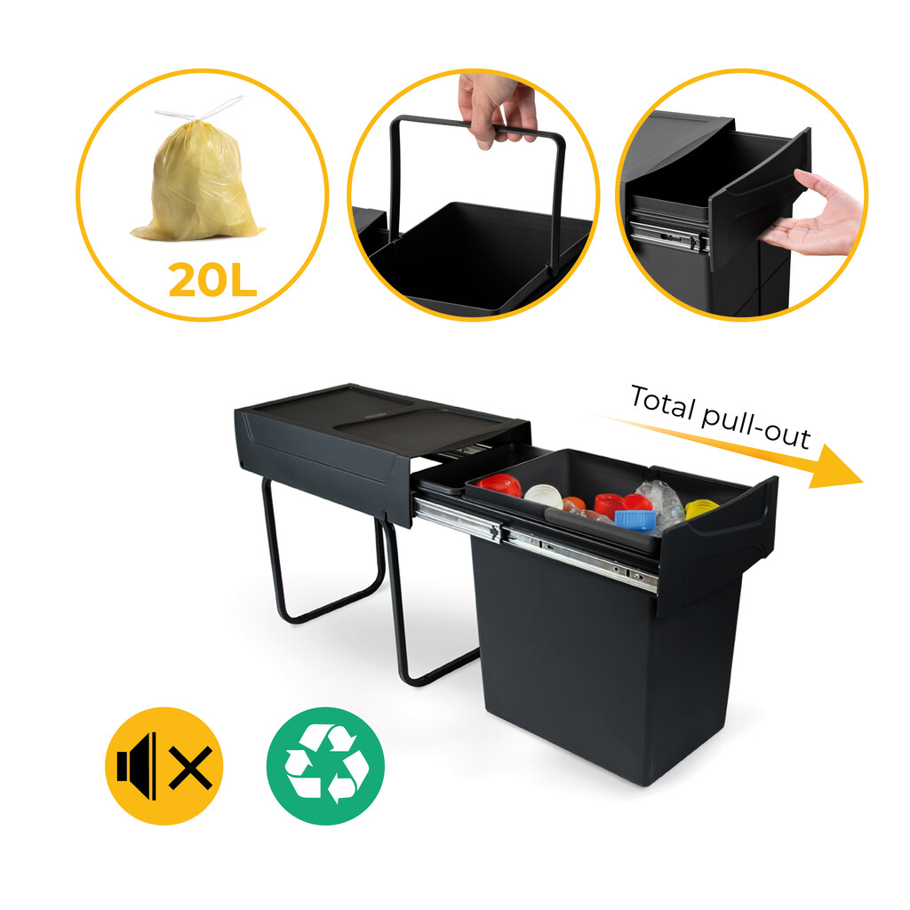 Recycling bin for lower mounting and manual pull-out in kitchen unit Recycle 1x20 litres, Plastic, Black-11