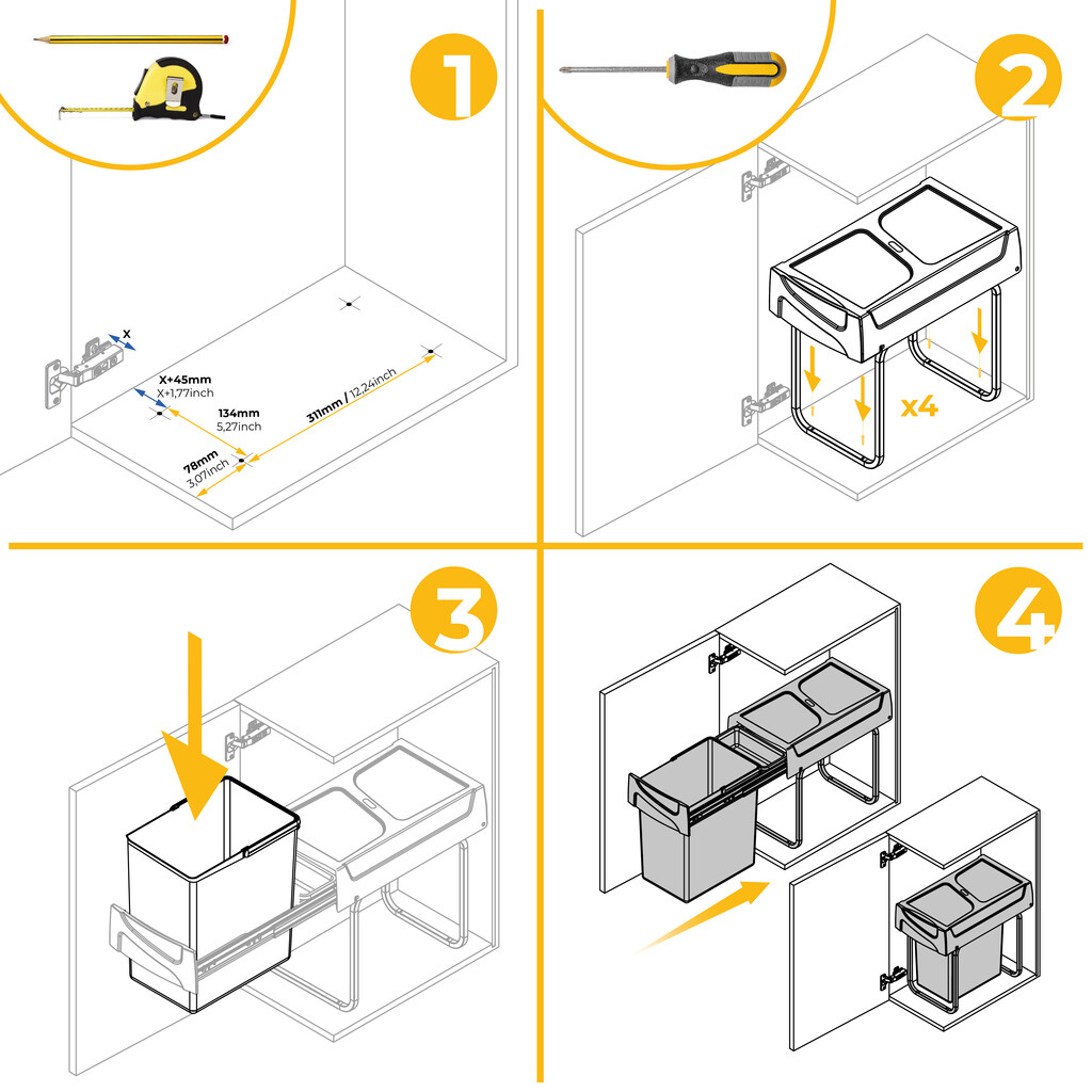 Recycling bin for lower mounting and manual pull-out in kitchen unit Recycle 1x20 litres, Plastic, Black-4