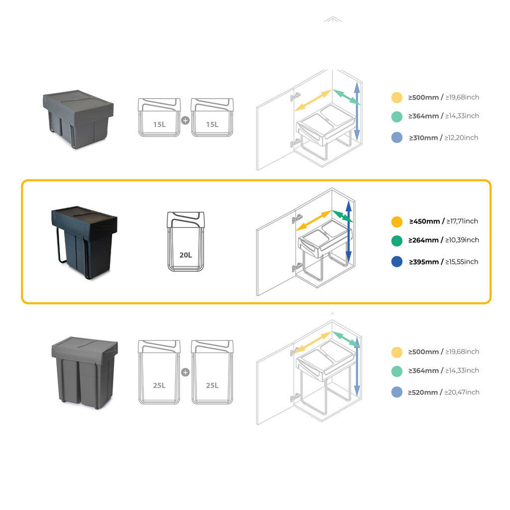 Recycling bin for lower mounting and manual pull-out in kitchen unit Recycle 1x20 litres, Plastic, Black-10