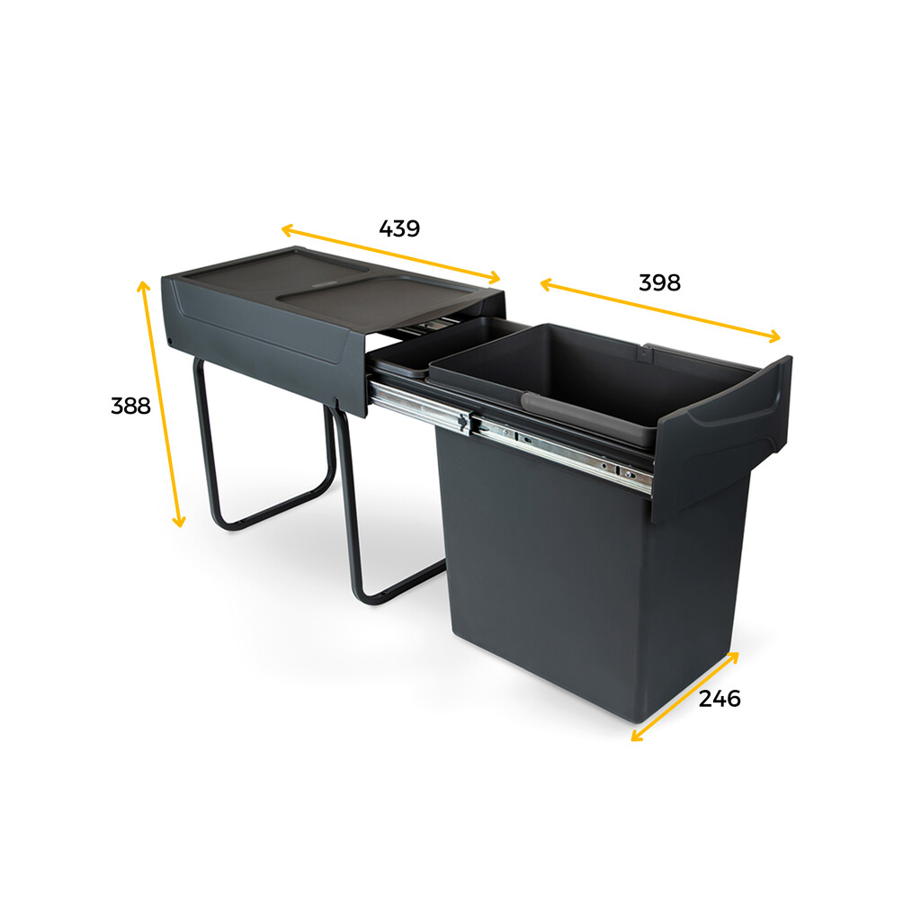 Recycling bin for lower mounting and manual pull-out in kitchen unit Recycle 1x20 litres, Plastic, Black-2