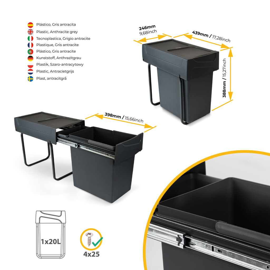 Recycling bin for lower mounting and manual pull-out in kitchen unit Recycle 1x20 litres, Plastic, Black-3