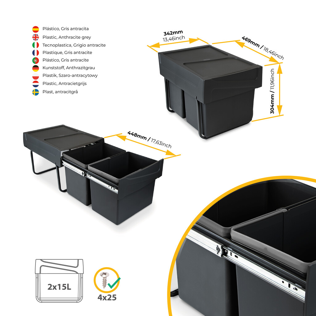Recycling bin for lower mounting and manual pull-out in kitchen unit Recycle 2x15litres, Plastic, Black-3