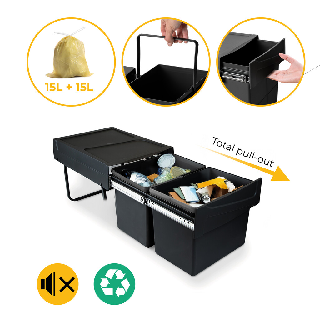 Recycling bin for lower mounting and manual pull-out in kitchen unit Recycle 2x15litres, Plastic, Black-8
