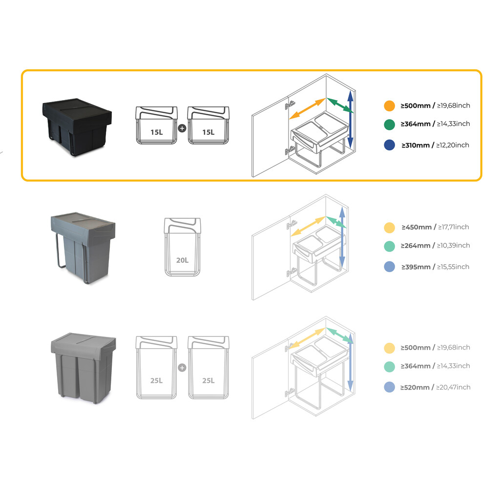 Recycling bin for lower mounting and manual pull-out in kitchen unit Recycle 2x15litres, Plastic, Black-7