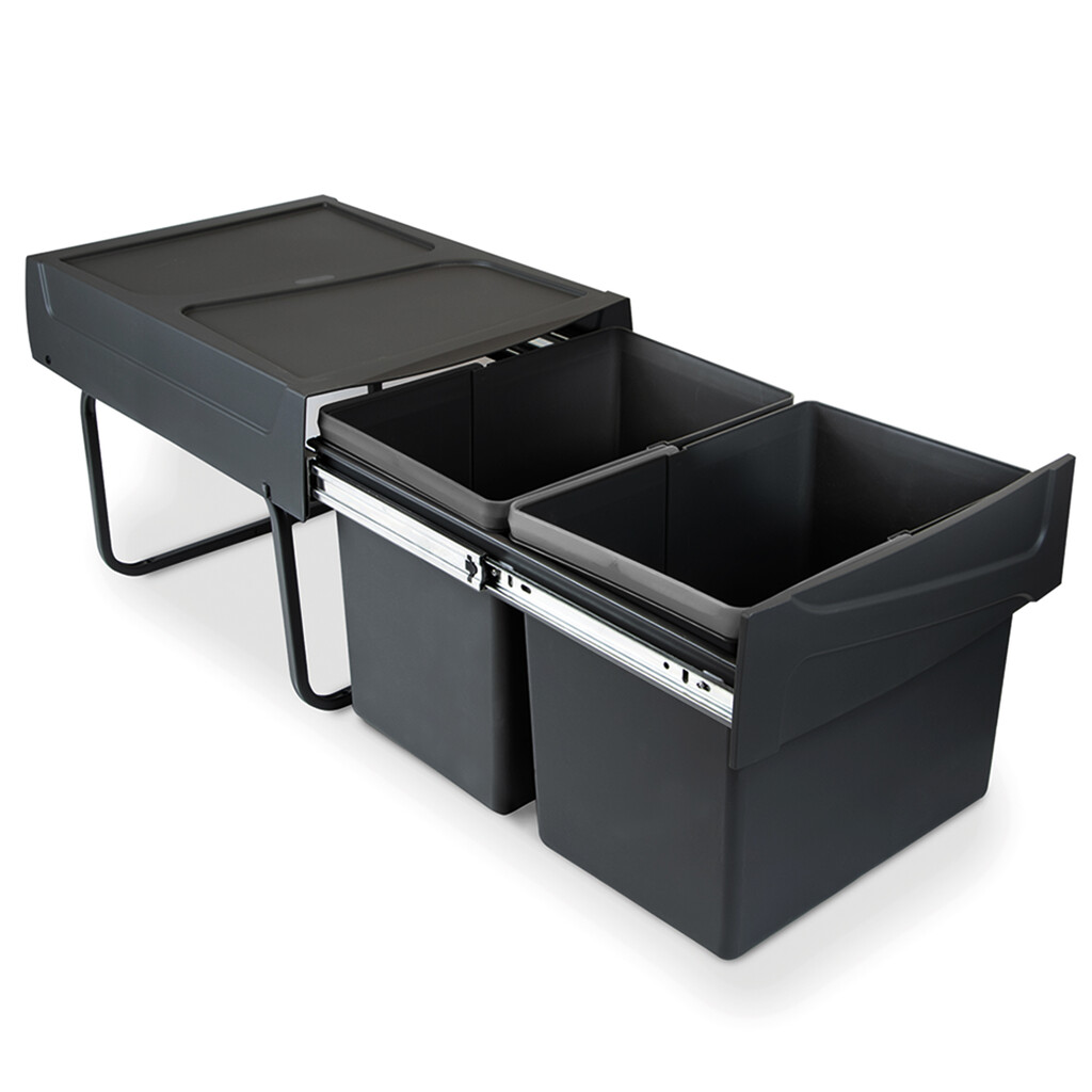 Recycling bin for lower mounting and manual pull-out in kitchen unit Recycle 2x15litres, Plastic, Black-Primary