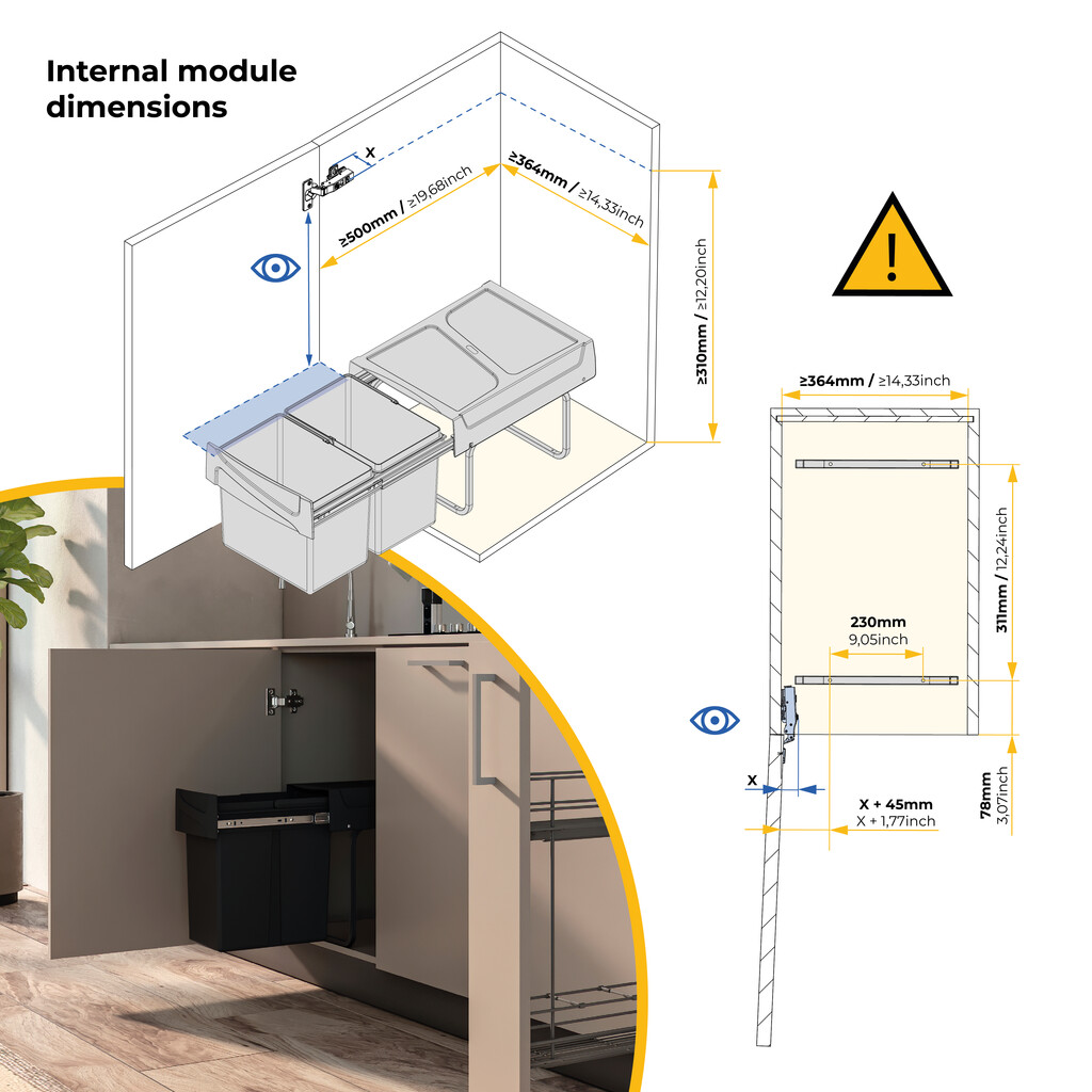 Recycling bin for lower mounting and manual pull-out in kitchen unit Recycle 2x15litres, Plastic, Black-4