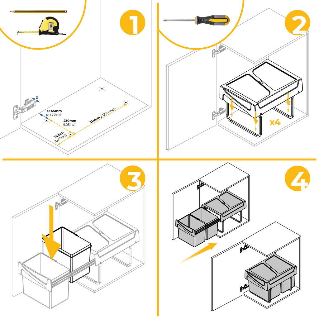 Recycling bin for lower mounting and manual pull-out in kitchen unit Recycle 2x15litres, Plastic, Black-2