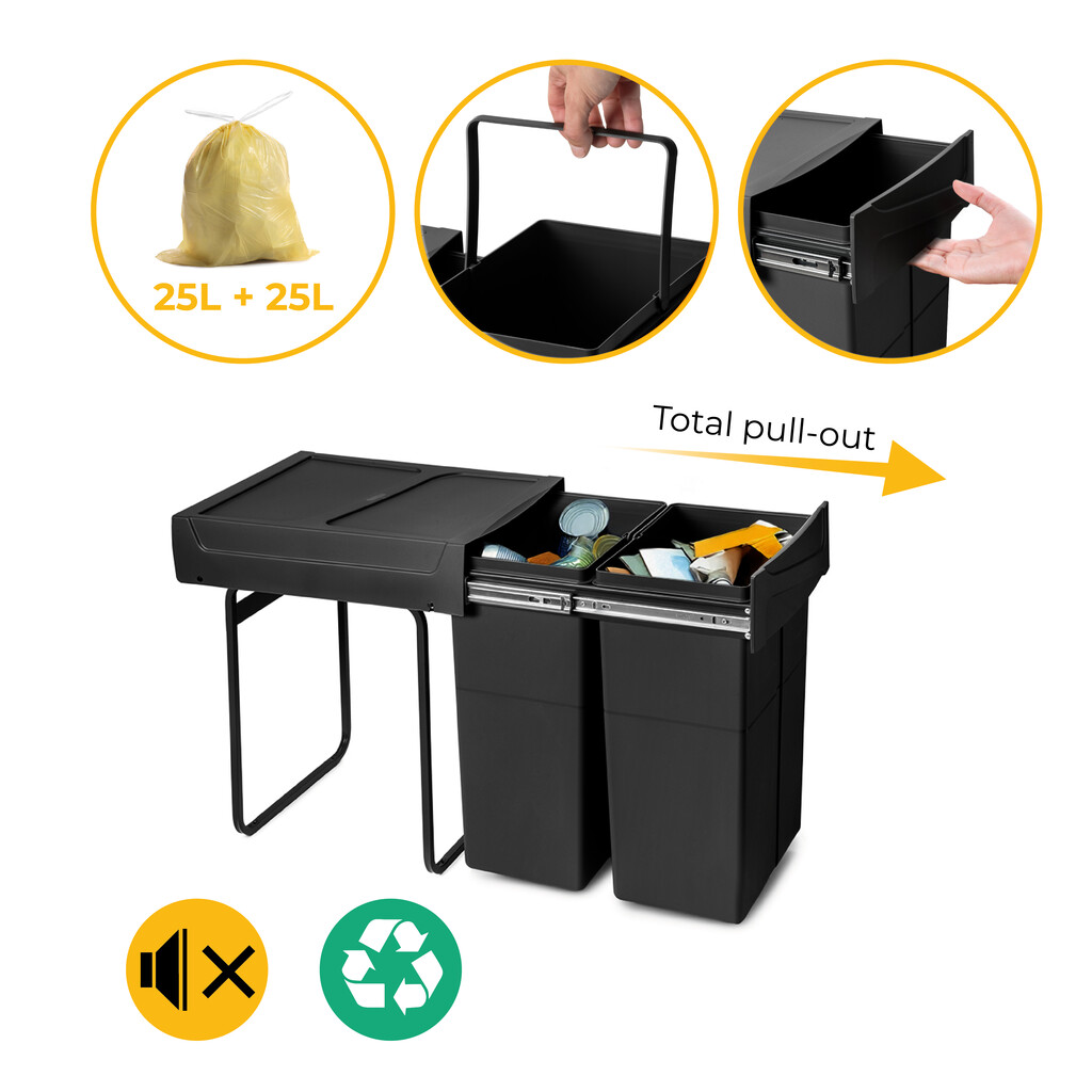 Recycling bin for lower mounting and manual pull-out in kitchen unit Recycle 2x25litres, Plastic, Black-18