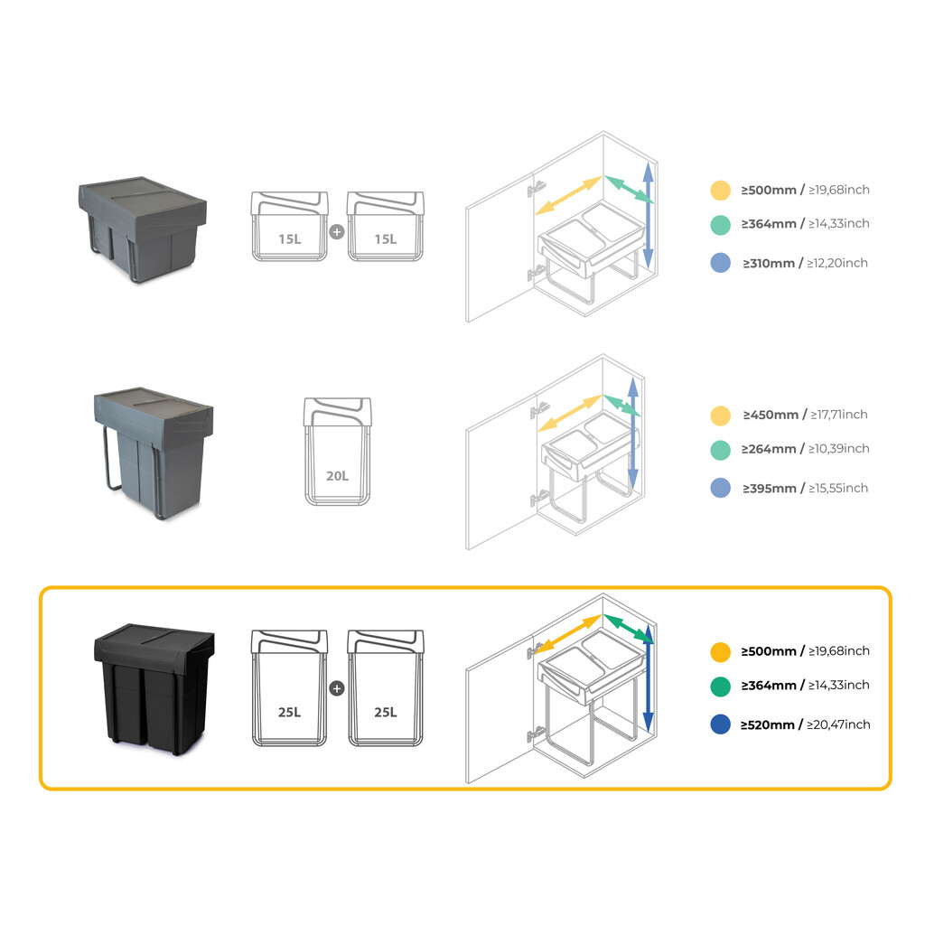 Recycling bin for lower mounting and manual pull-out in kitchen unit Recycle 2x25litres, Plastic, Black-17
