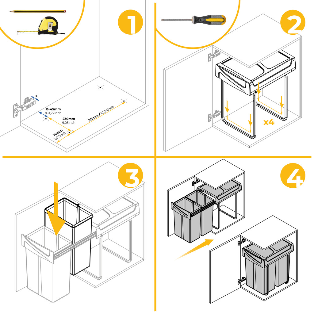 Recycling bin for lower mounting and manual pull-out in kitchen unit Recycle 2x25litres, Plastic, Black-3