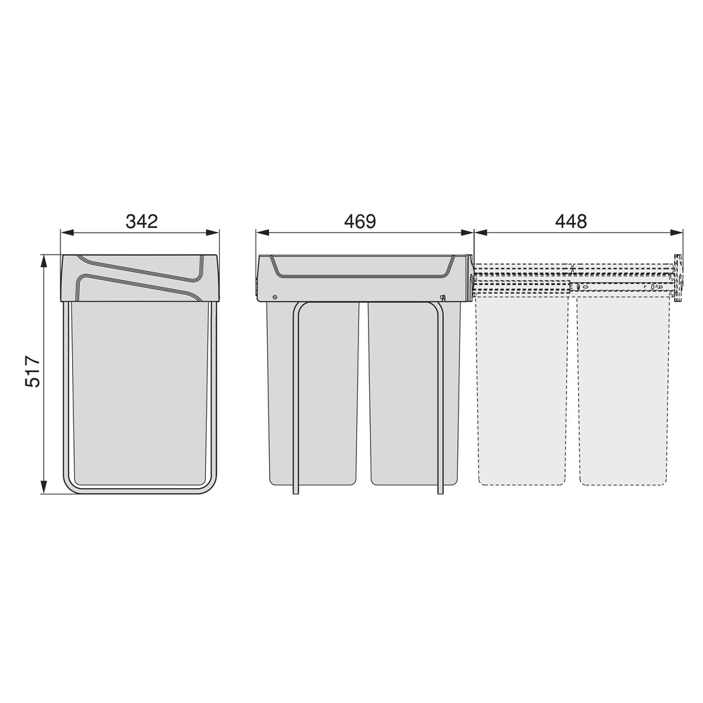 Recycling bin for lower mounting and manual pull-out in kitchen unit Recycle 2x25litres, Plastic, Black-1