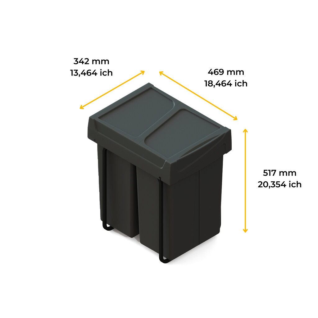 Recycling bin for lower mounting and manual pull-out in kitchen unit Recycle 2x25litres, Plastic, Black-2
