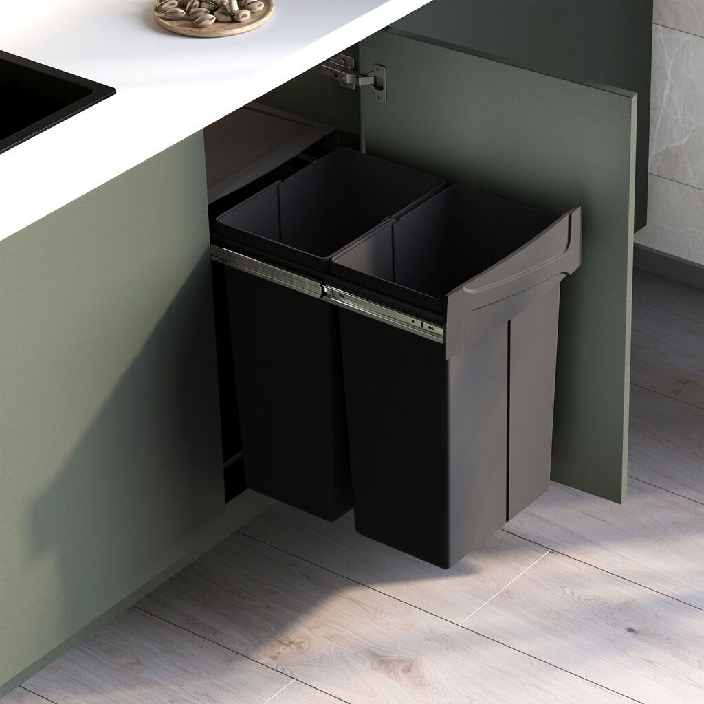 Recycling bin for lower mounting and manual pull-out in kitchen unit Recycle 2x25litres, Plastic, Black-7