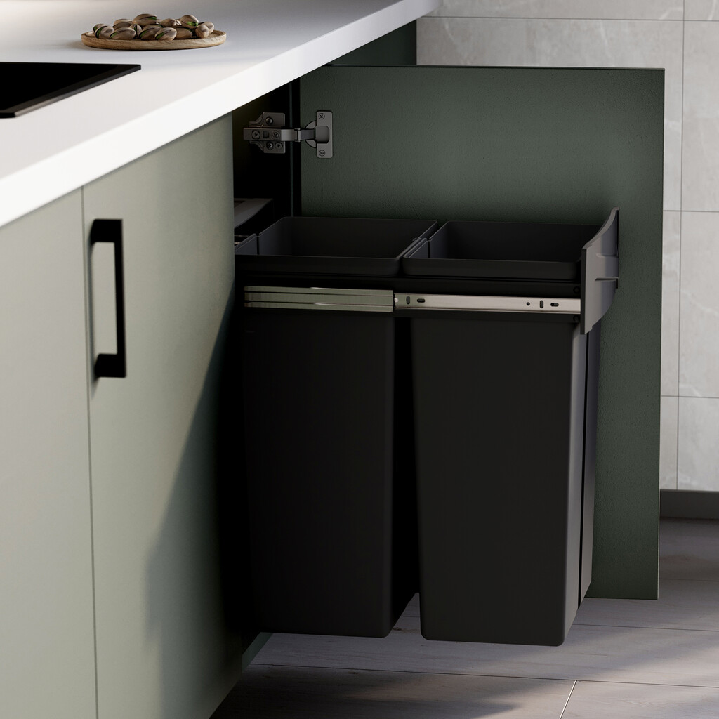 Recycling bin for lower mounting and manual pull-out in kitchen unit Recycle 2x25litres, Plastic, Black-8