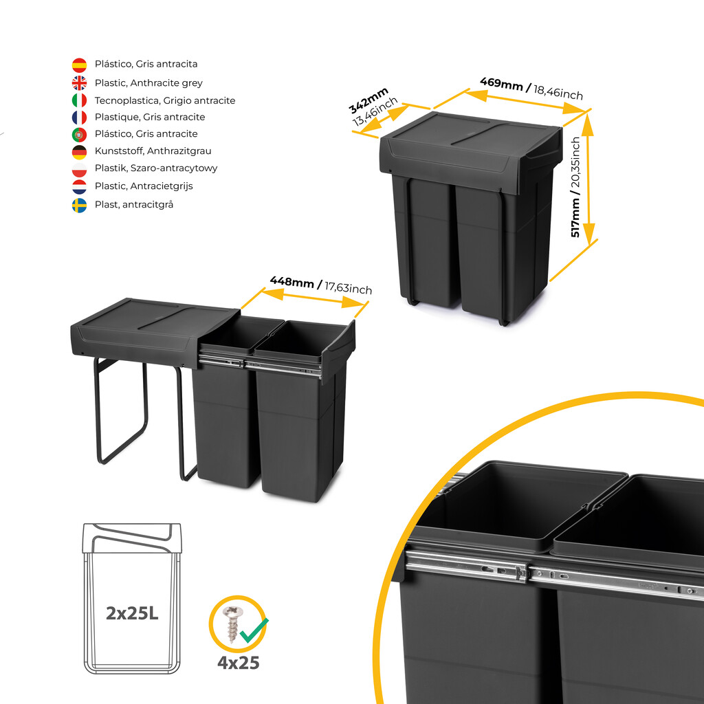 Recycling bin for lower mounting and manual pull-out in kitchen unit Recycle 2x25litres, Plastic, Black-4