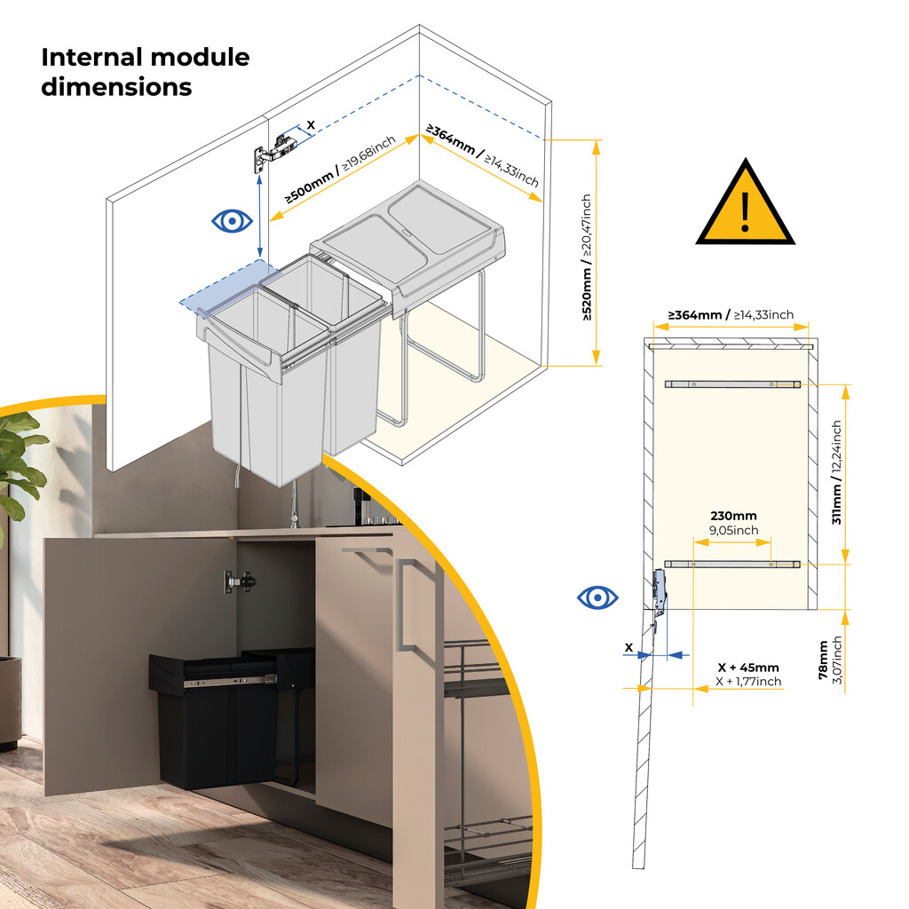 Recycling bin for lower mounting and manual pull-out in kitchen unit Recycle 2x25litres, Plastic, Black-5