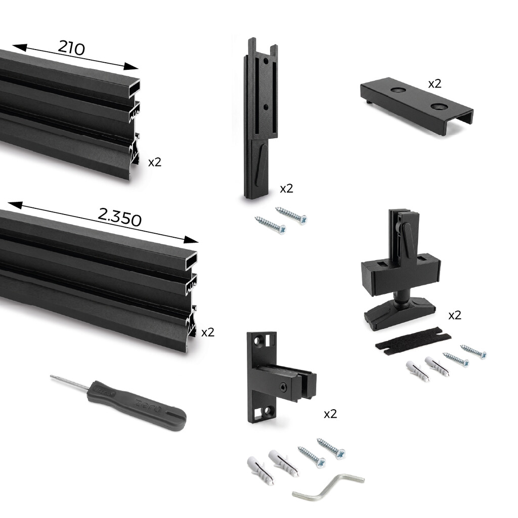 Lot of 2 Zero LED frames with fittings and profiles for floor and wall mounting with pectangular levellers, Aluminium and Zamak, Textured Black-Primary