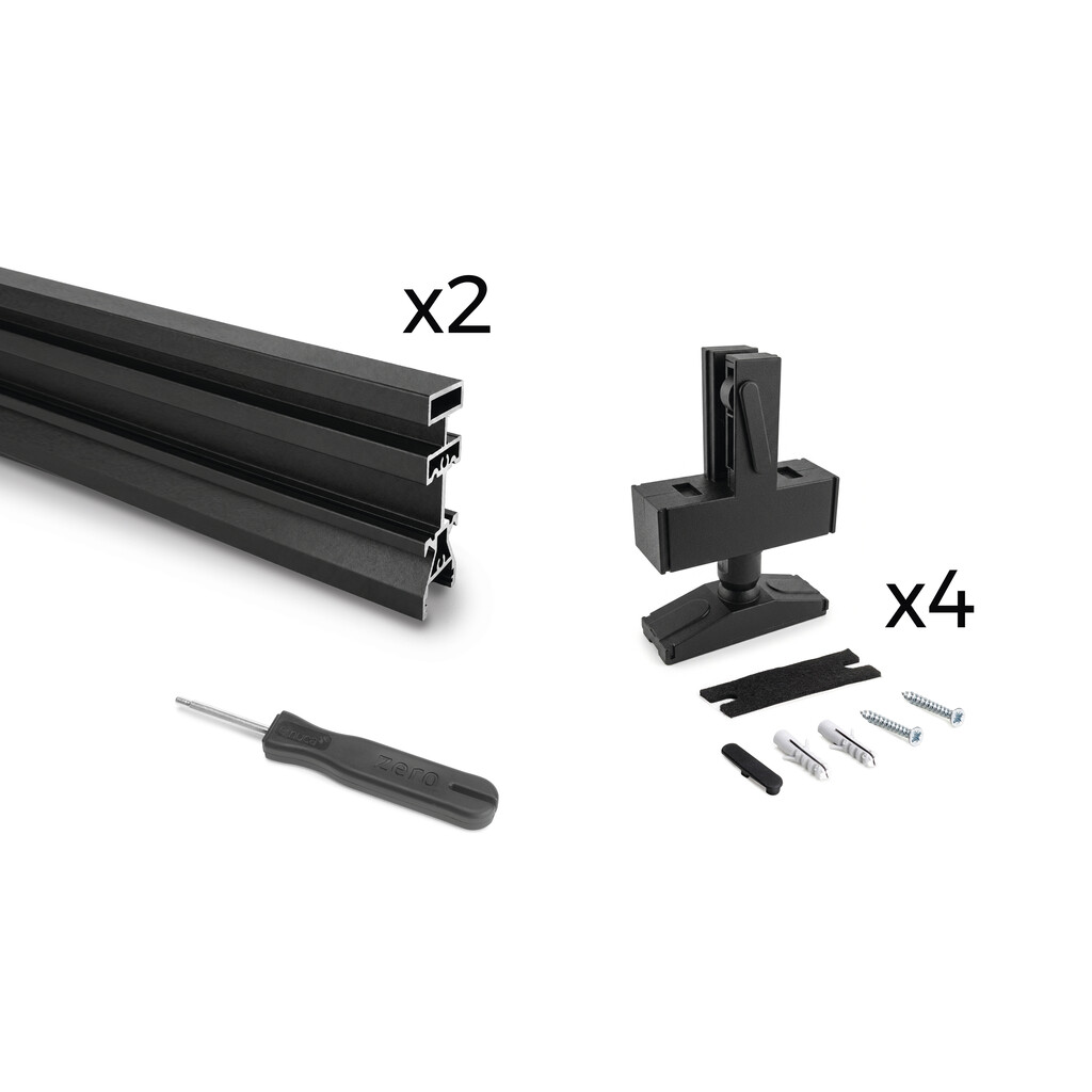Lote de 2 estructuras Zero LED con herrajes y perfiles para montaje al suelo y a techo con nivelador rectangular, Acero y Zamak, Pintado negro texturizado-Primary