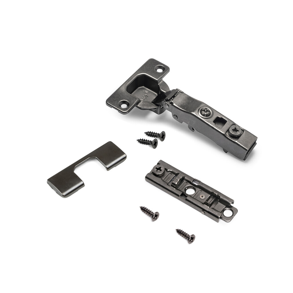 X91 full overlay hinge kit with soft closing mechanism, straight plate and decorative cover plate, Screw-on, Steel, Titanium-5