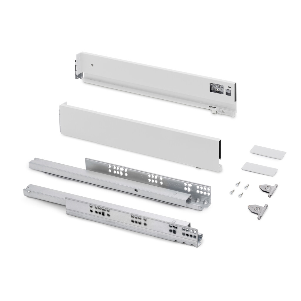 Szuflada zewnętrzna Vertex z regulacją 3D, wysokość 83mm, 40 kg, grubości płyty 18mm, głębokość 450 mm, Stal, Malowany na biało-Primary
