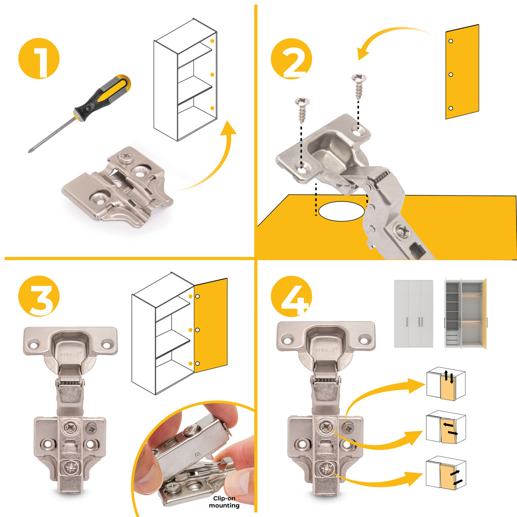 Lot of 20 X91 hinge hinges with soft closing and Screw-on plates, Height 0, Steel, Nickel Plated-9