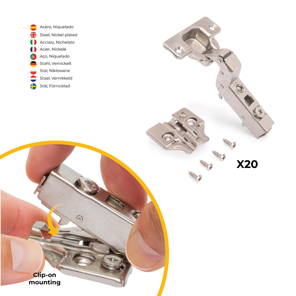 Lot of 20 X91 hinge hinges with soft closing and Screw-on plates, Height 0, Steel, Nickel Plated-4