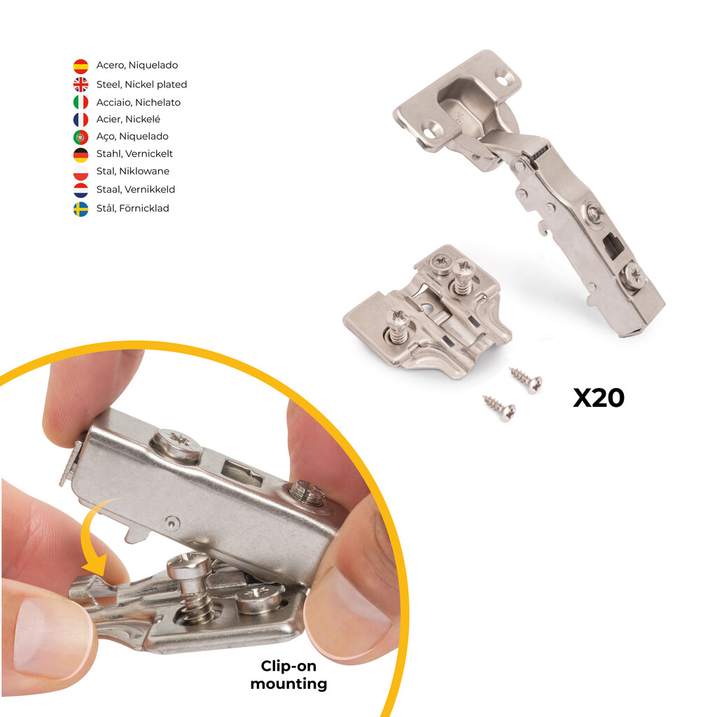 Kit von 20 Topfscharniere X91 Eckanschlag mit Schließautomatik und Euro-Unterlegscheiben, Höhe 0, Stahl, vernickelt-4