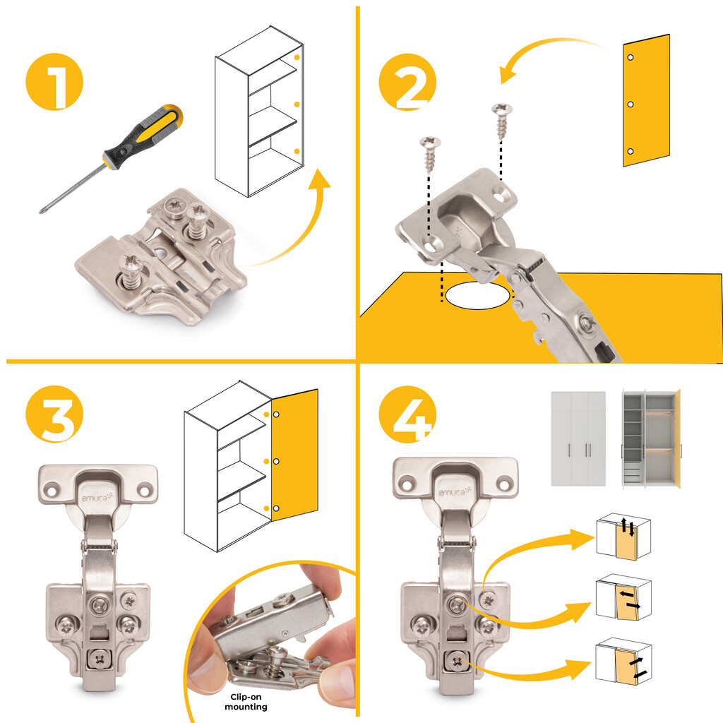 Kit von 20 Topfscharniere X91 Eckanschlag mit Schließautomatik und Euro-Unterlegscheiben, Höhe 0, Stahl, vernickelt-9