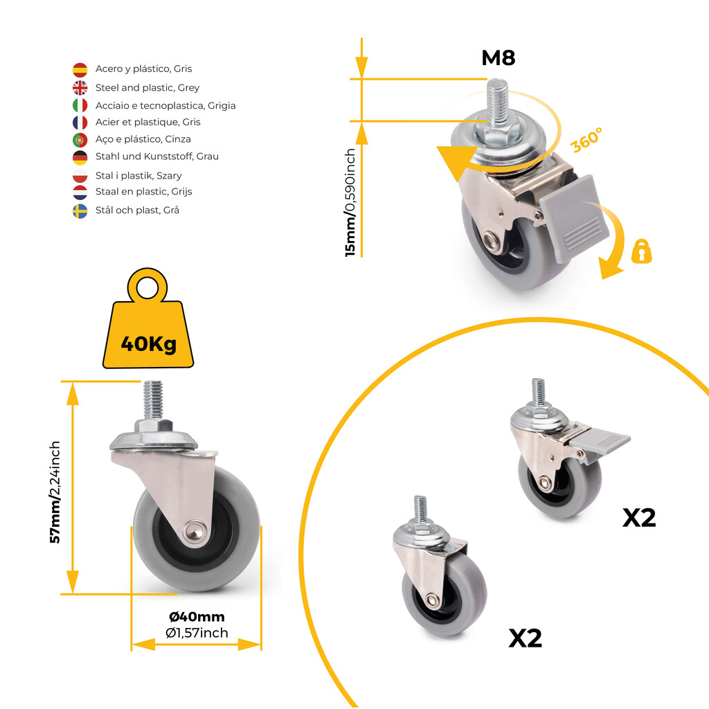 Lot of 4 castors Slip with bolt, diameter 40mm, Steel and Plastic, Grey Plastic-2