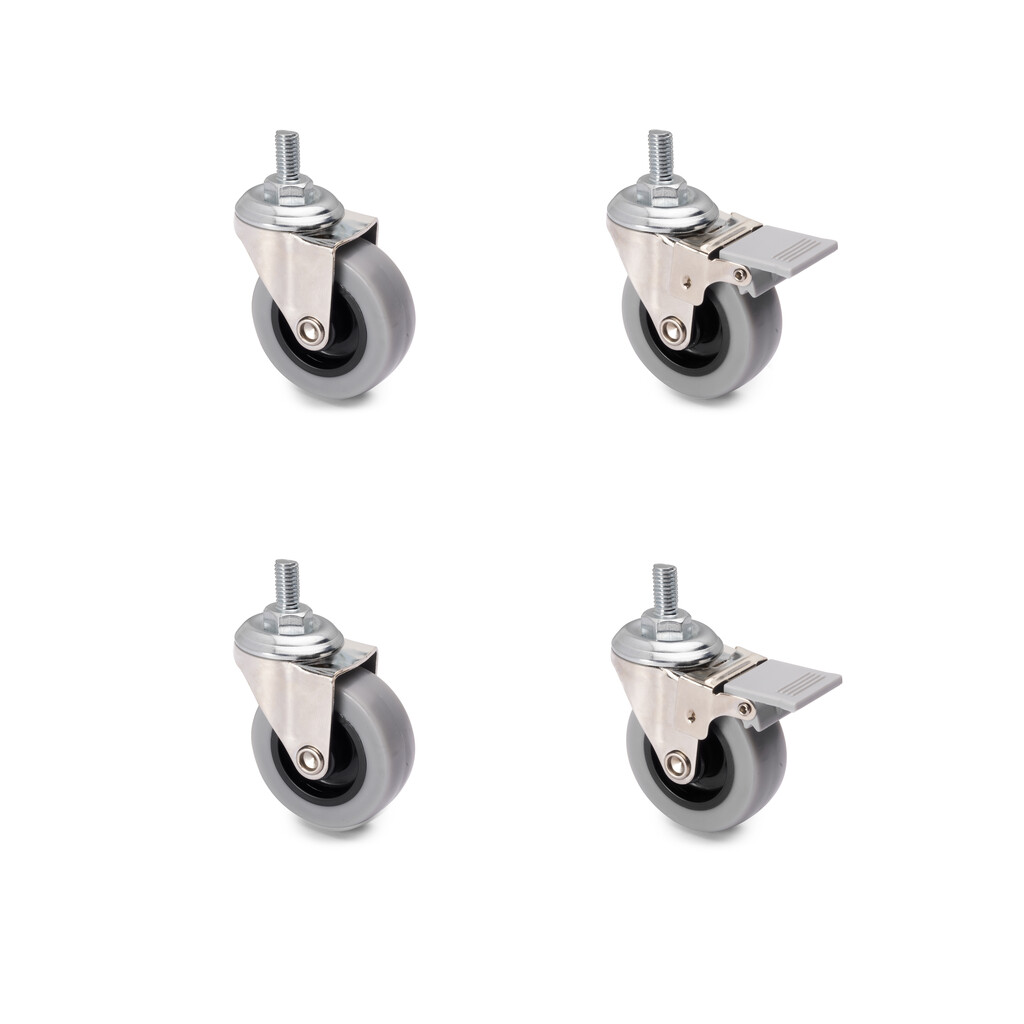 Lot of 4 castors Slip with bolt, diameter 40mm, Steel and Plastic, Grey Plastic-Primary