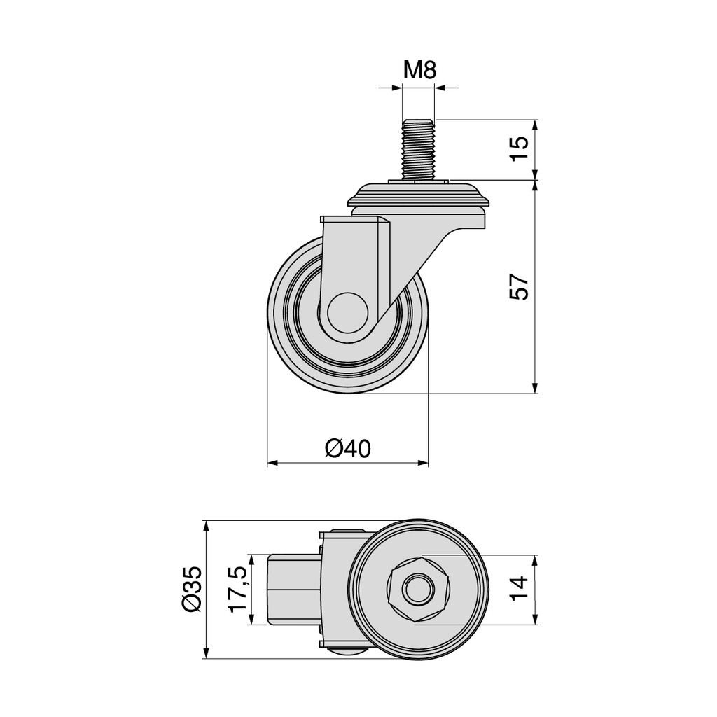 Lot of 4 castors Slip with bolt, diameter 40mm, Steel and Plastic, Grey Plastic-1