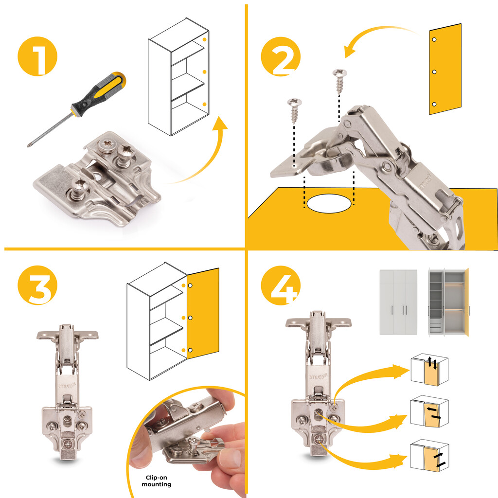 Lot of 10 X91 half overlay hinges opening 165 degrees with soft closing and Euro screw-in plates, Height 0, Steel, Nickel Plated-10