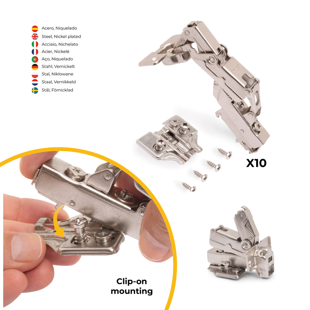 Lot of 10 X91 half overlay hinges opening 165 degrees with soft closing and Euro screw-in plates, Height 0, Steel, Nickel Plated-4