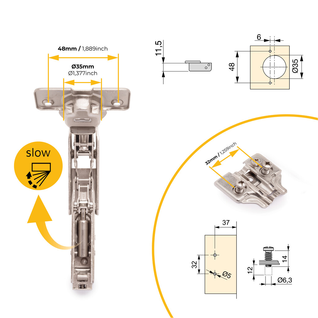 Lot of 10 X91 half overlay hinges opening 165 degrees with soft closing and Euro screw-in plates, Height 0, Steel, Nickel Plated-6