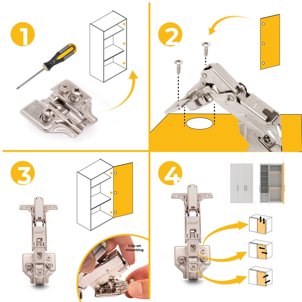Lot of 10 X91 inset hinges 165 degrees opening with soft closing and Euro screw-in plates, Height 0, Steel, Nickel Plated-10