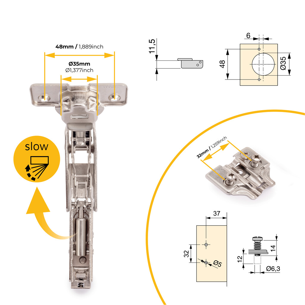Lot of 10 X91 inset hinges 165 degrees opening with soft closing and Euro screw-in plates, Height 0, Steel, Nickel Plated-6