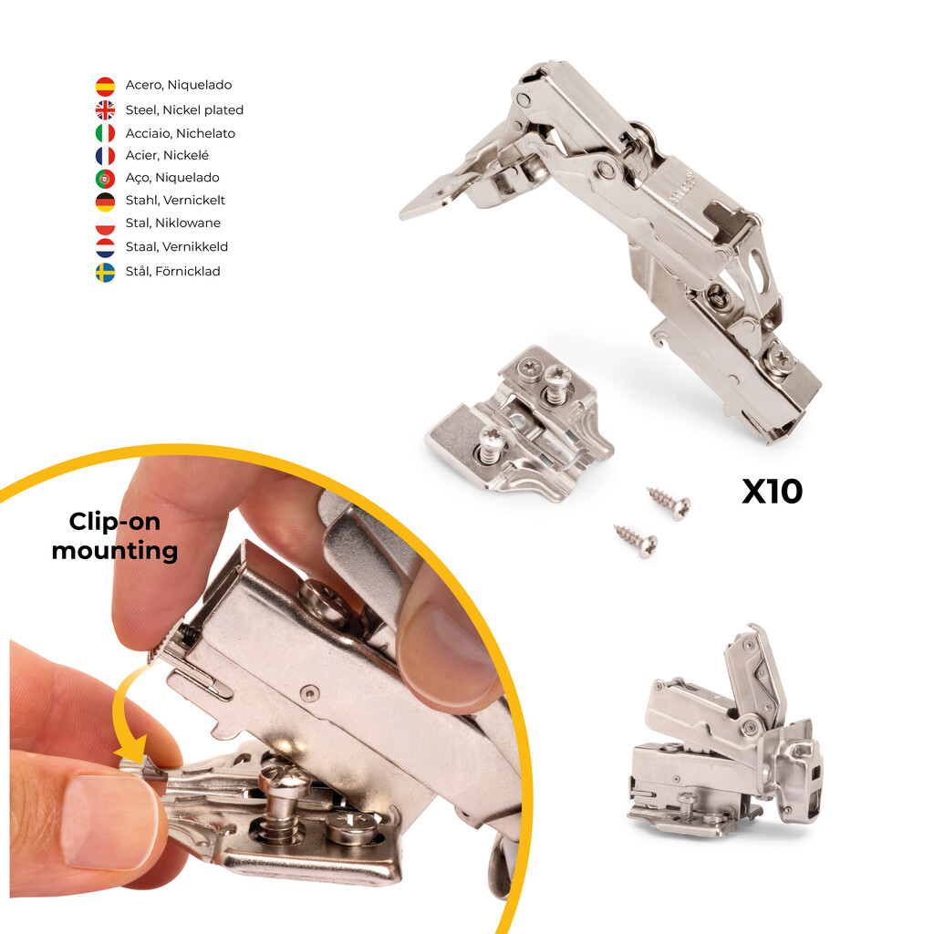 Lot of 10 X91 inset hinges 165 degrees opening with soft closing and Euro screw-in plates, Height 0, Steel, Nickel Plated-4