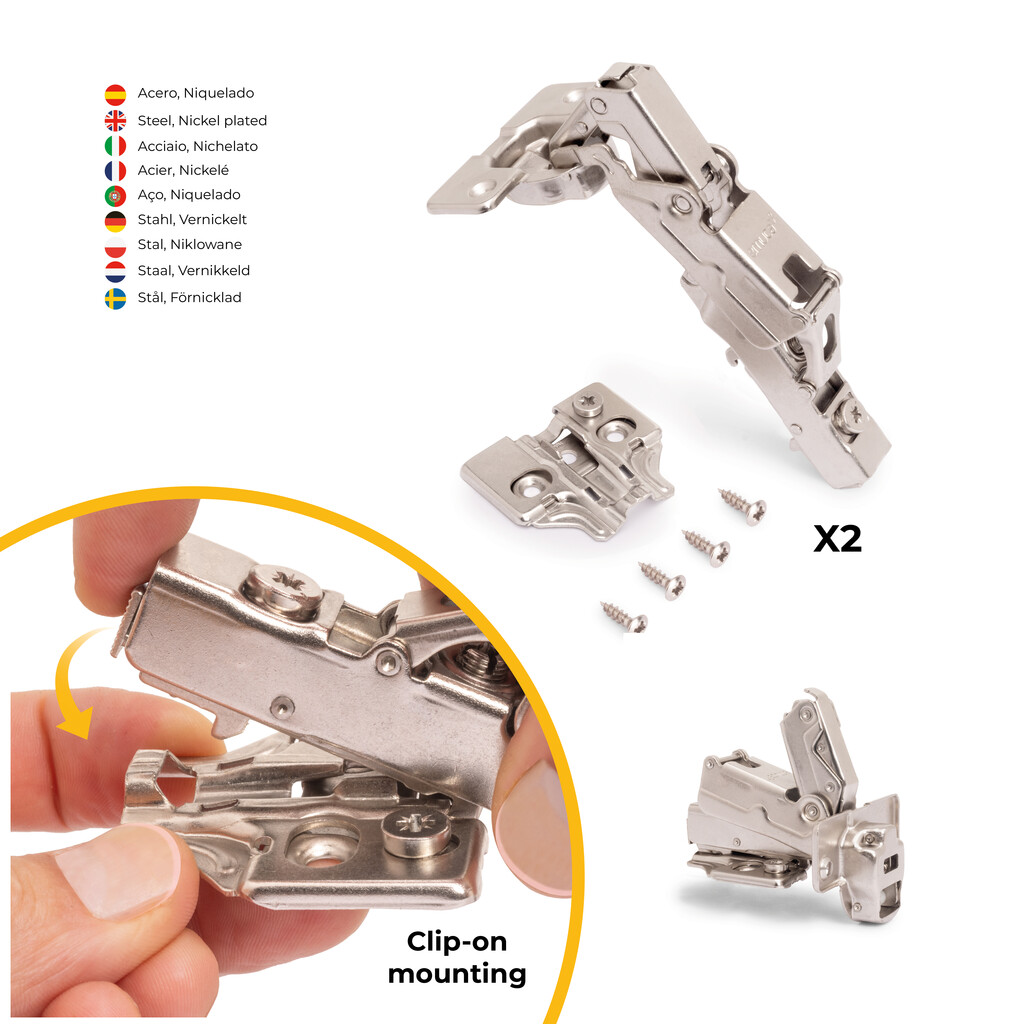 Lot de 2 charnières droites X91 à ouverture de 165 degrés avec fermeture amortie et embases à visser, Hauteur 0, Acier, Nickelé-4