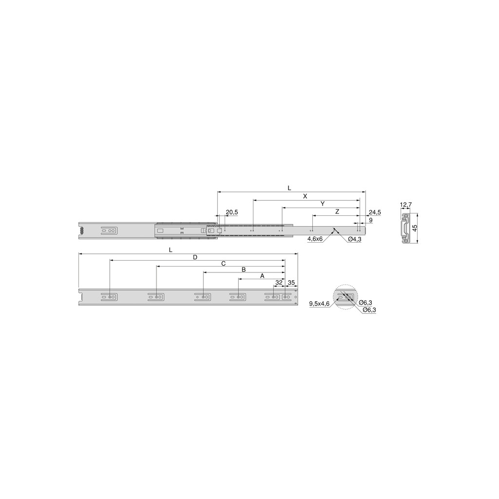Lot of 5 pairs of ball bearing runners for drawers , height 45mm, depth 600mm, full extension, Zinc plated-1