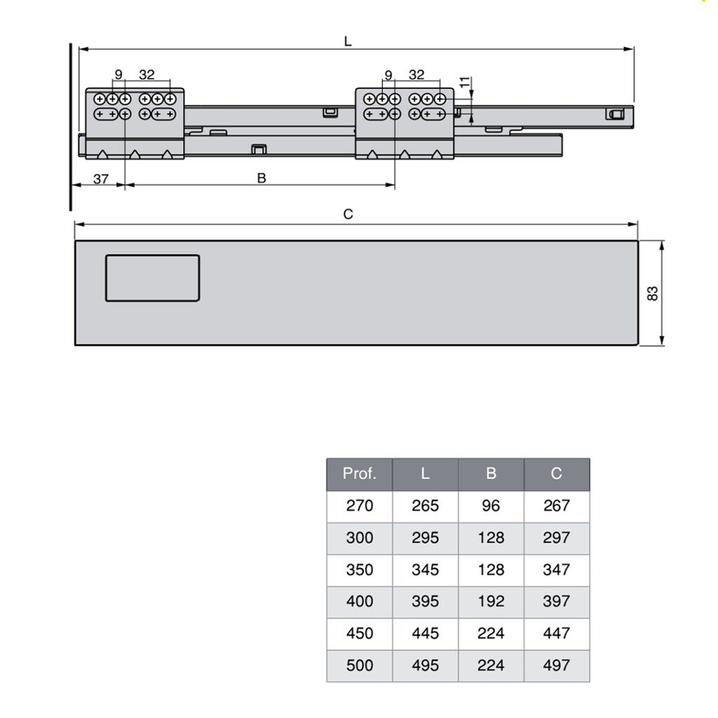 Vantage-Q drawer kit for kitchens and bathrooms, soft close, 300, Silver painted, Steel-2