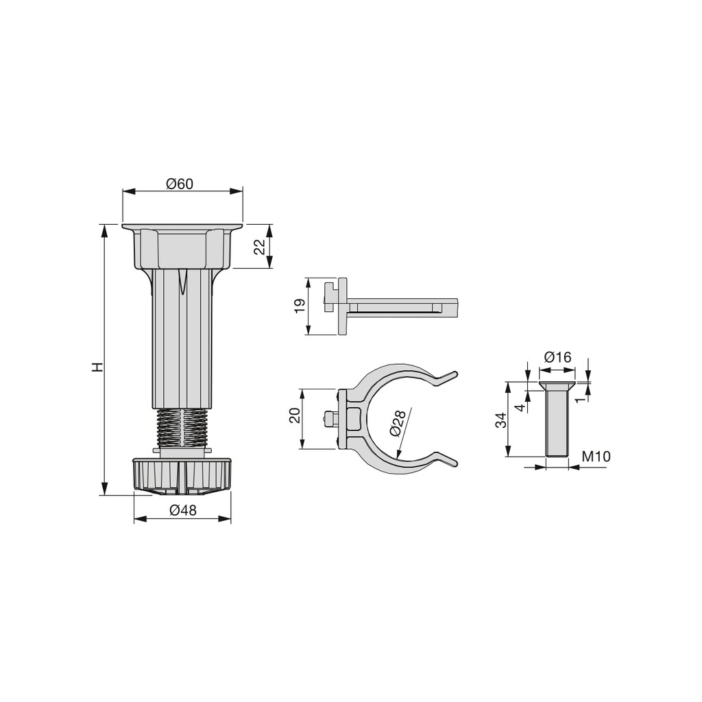 Kit di piedini regolabili per mobile Bone, con base preassemblata, altezza 150 mm, regolabile 148-165 mm, Tecnoplastica, Nera, 50 kit-1
