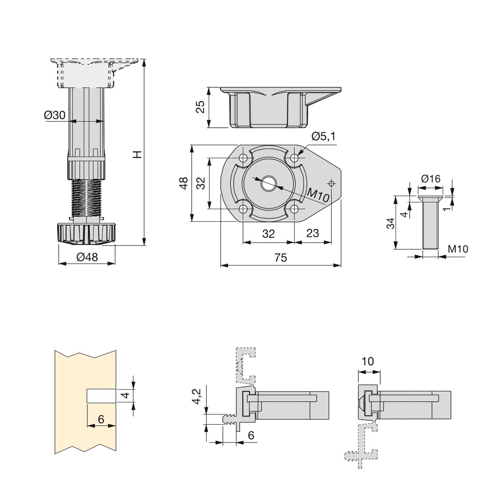 Kit de pies niveladores para mueble Bone, con base de fijación, altura 150 mm, regulable 148-190mm, Plástico, Negro-1